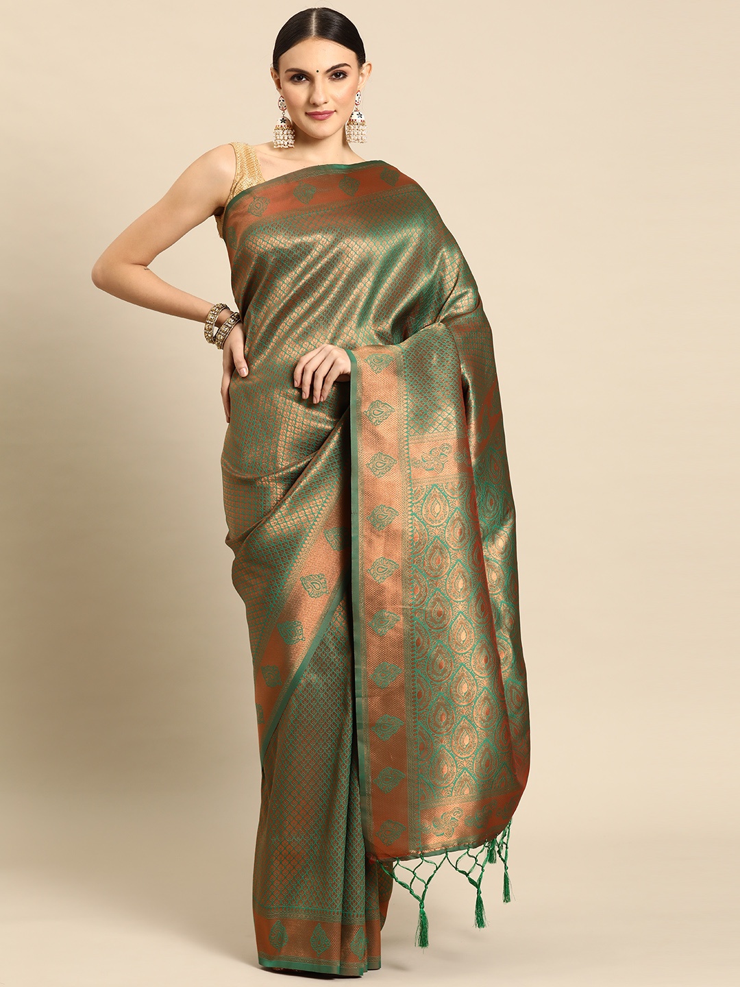 

Ishin Ethnic Motifs Zari Silk Blend Banarasi Saree, Green