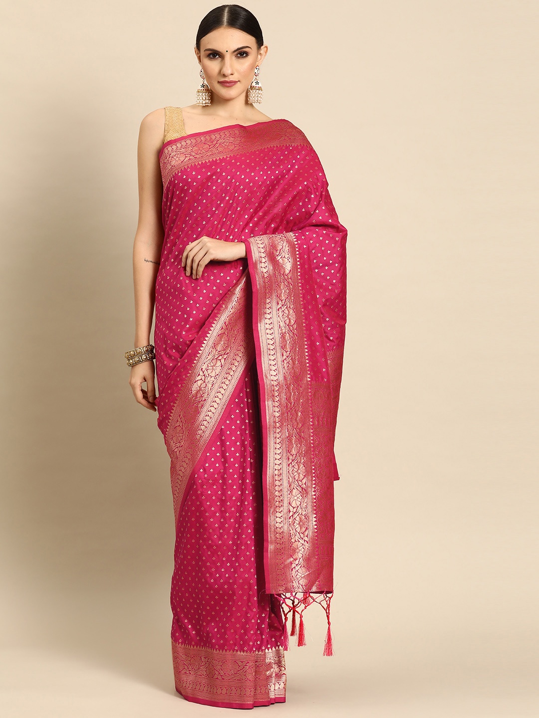 

Ishin Ethnic Motifs Zari Silk Blend Banarasi Saree, Fuchsia