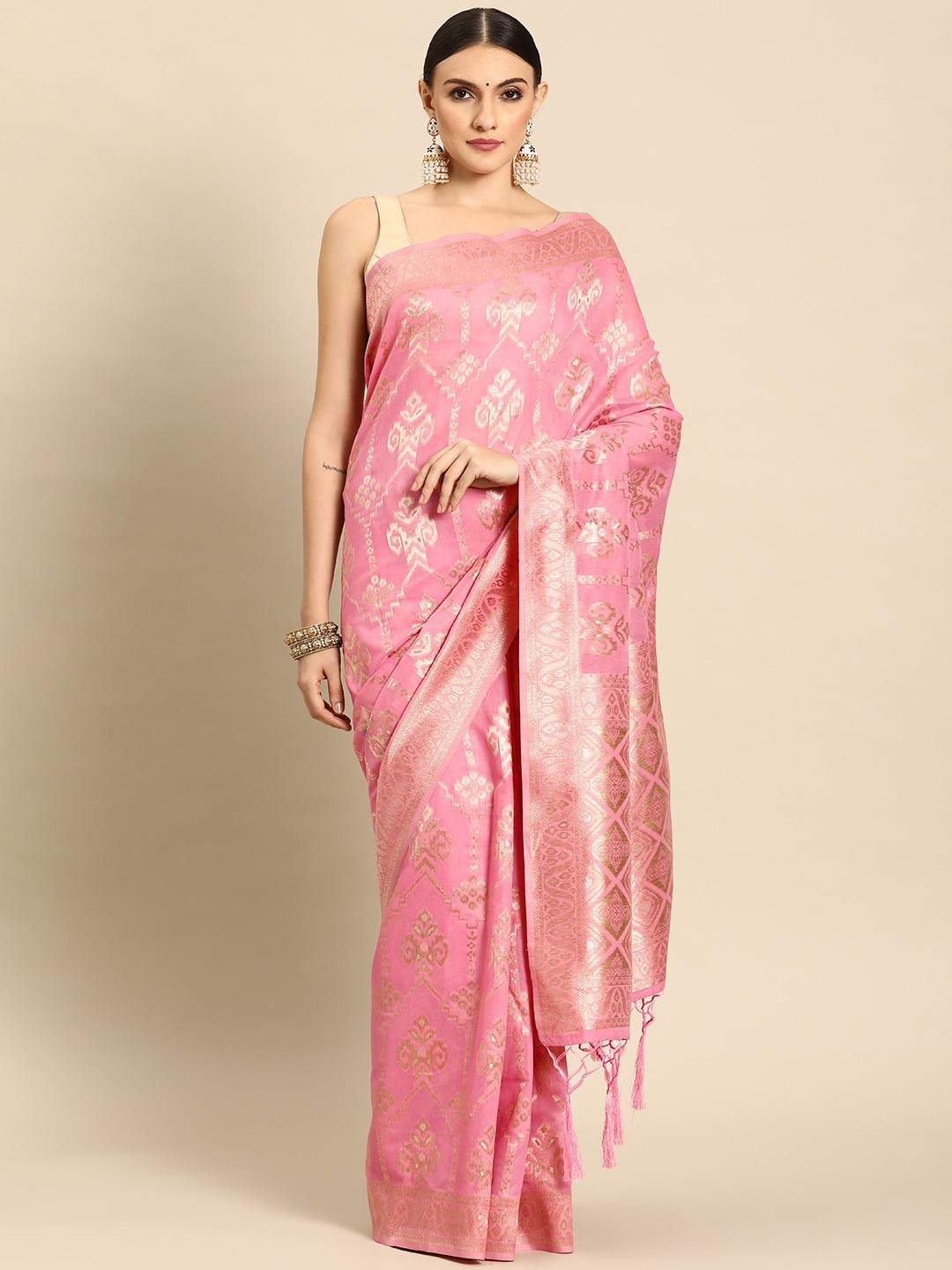 

Ishin Pink Ethnic Motifs Zari Silk Blend Banarasi Saree