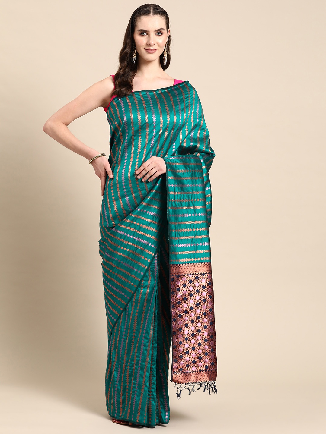 

Ishin Striped Zari Silk Blend Banarasi Saree, Green