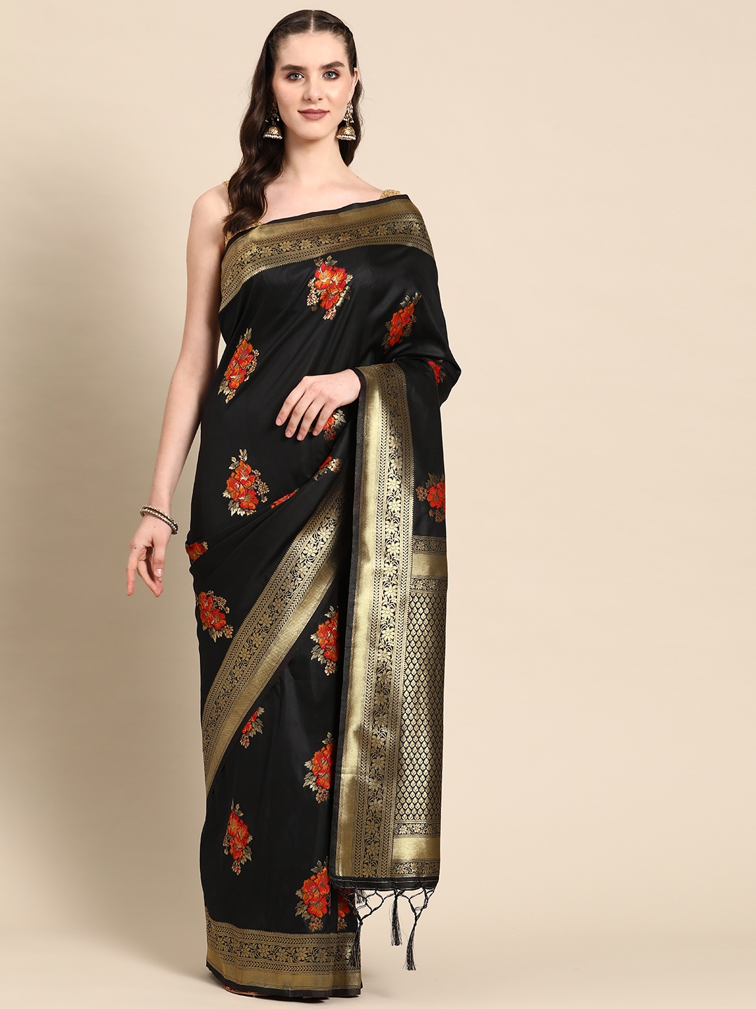 

Ishin Floral Woven Design Zari Detailed Jacquard Banarasi Saree, Black