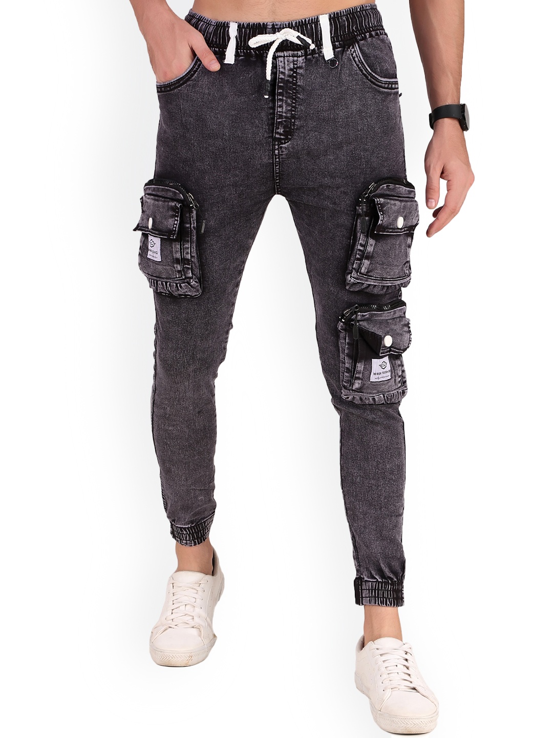 

PLUS 91 Men Loose Fit Denim Cargo Styles Joggers, Black