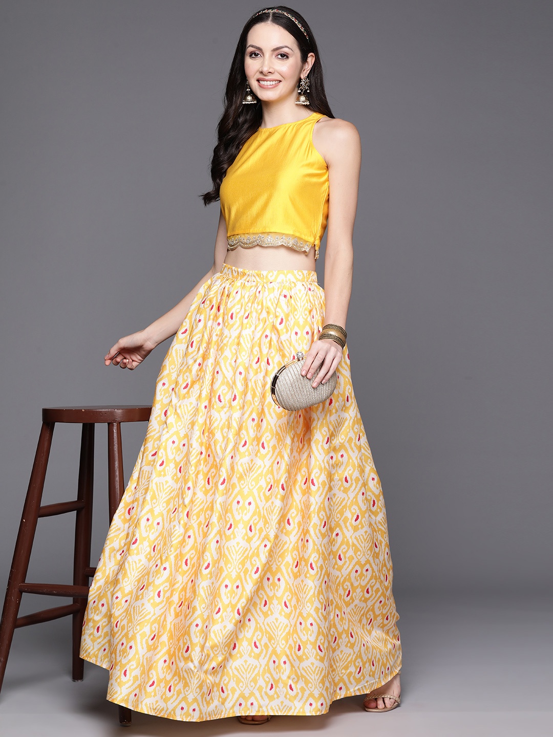 

Indo Era Embroidered Ikat Ready to Wear Lehenga & Choli, Yellow