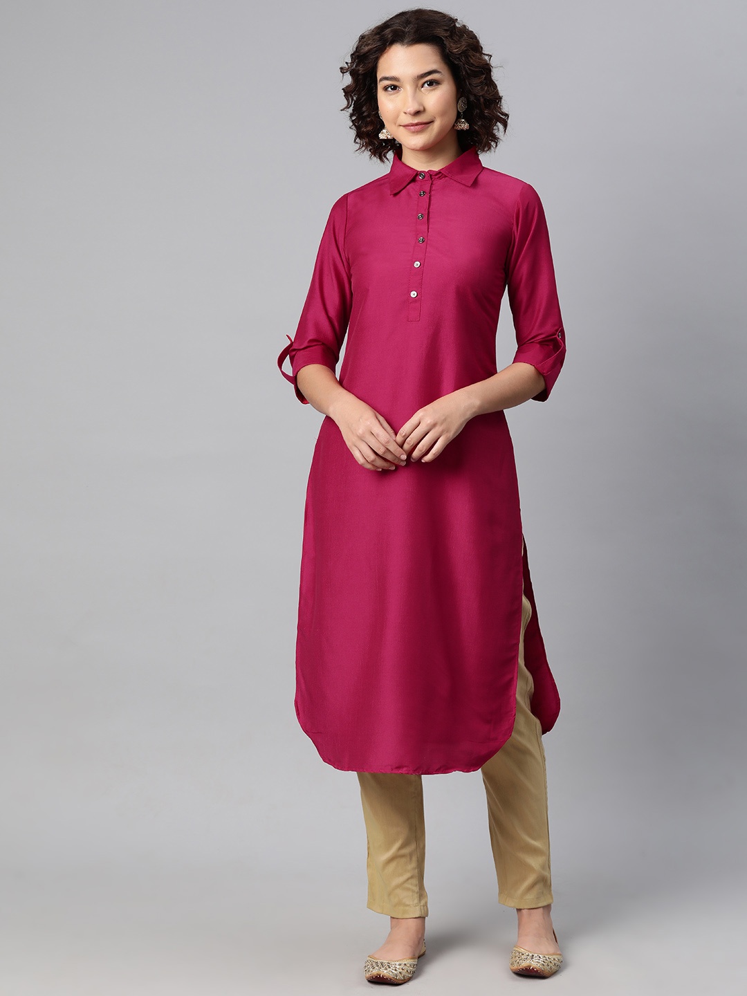 

V TRADITION Roll-Up Sleeves Shirt Collar Pure Cotton Kurta, Pink