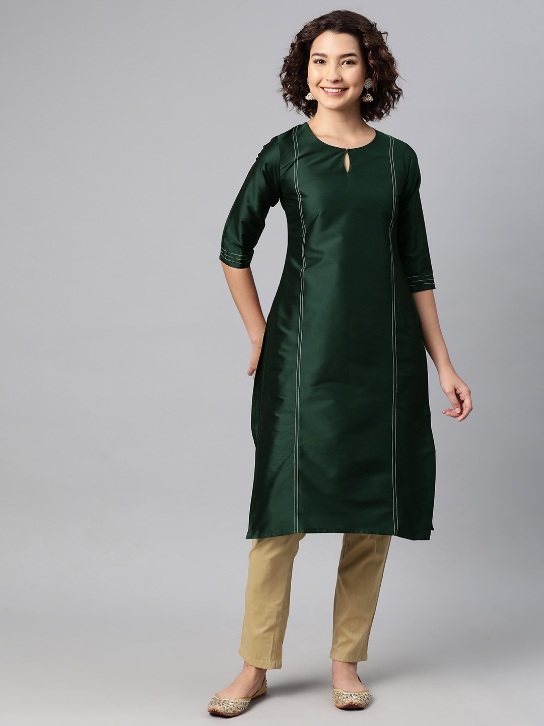 

V TRADITION Keyhole Neck Thread Work Kurta, Green