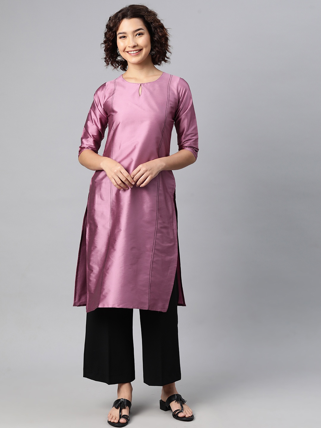 

V TRADITION Keyhole Neck Thread Work Kurta, Pink