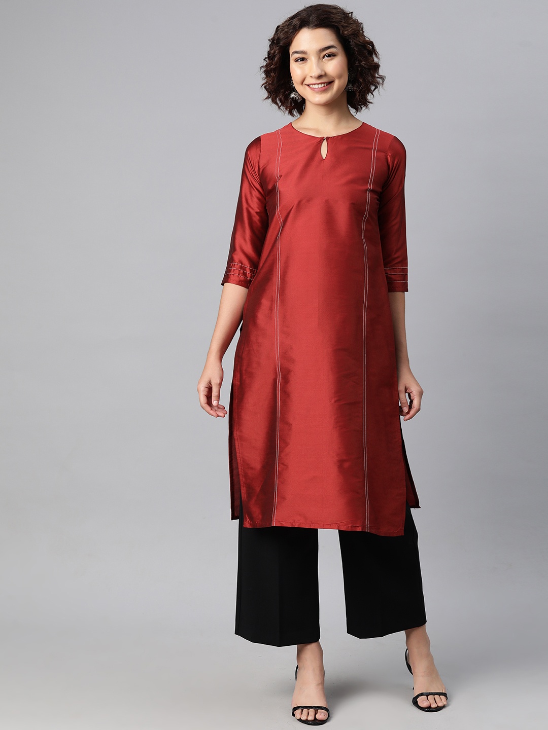 

V TRADITION Keyhole Neck Thread Work Kurta, Red