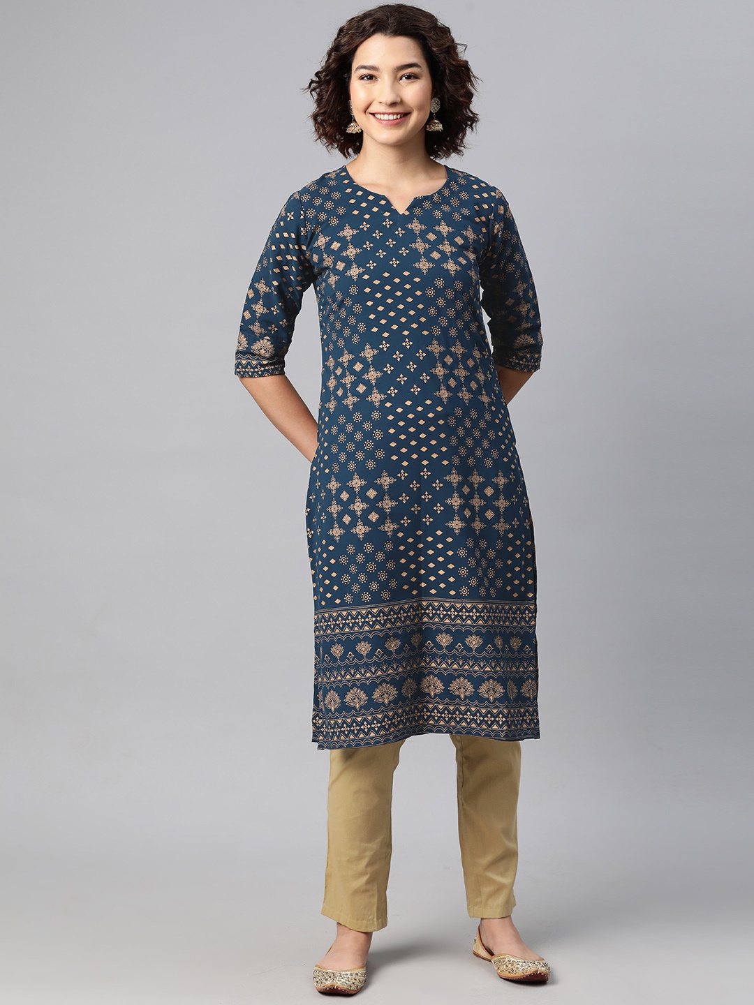 

V TRADITION Ethnic Motifs Printed Pure Georgette Kurta, Navy blue