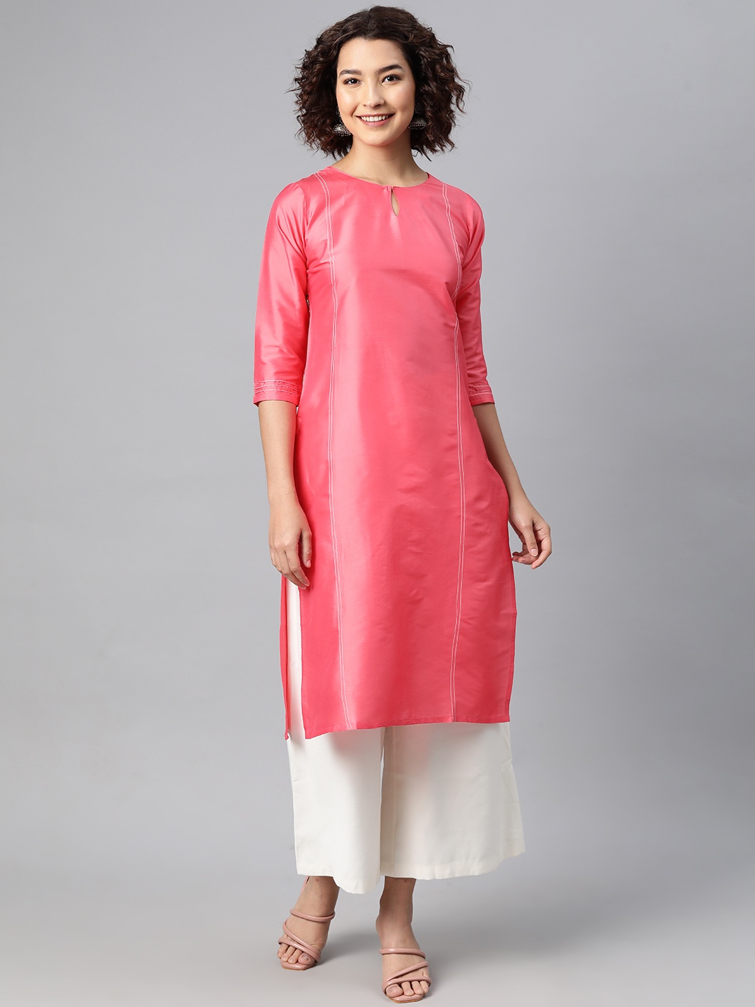 

V TRADITION Keyhole Neck Thread Work Kurta, Pink