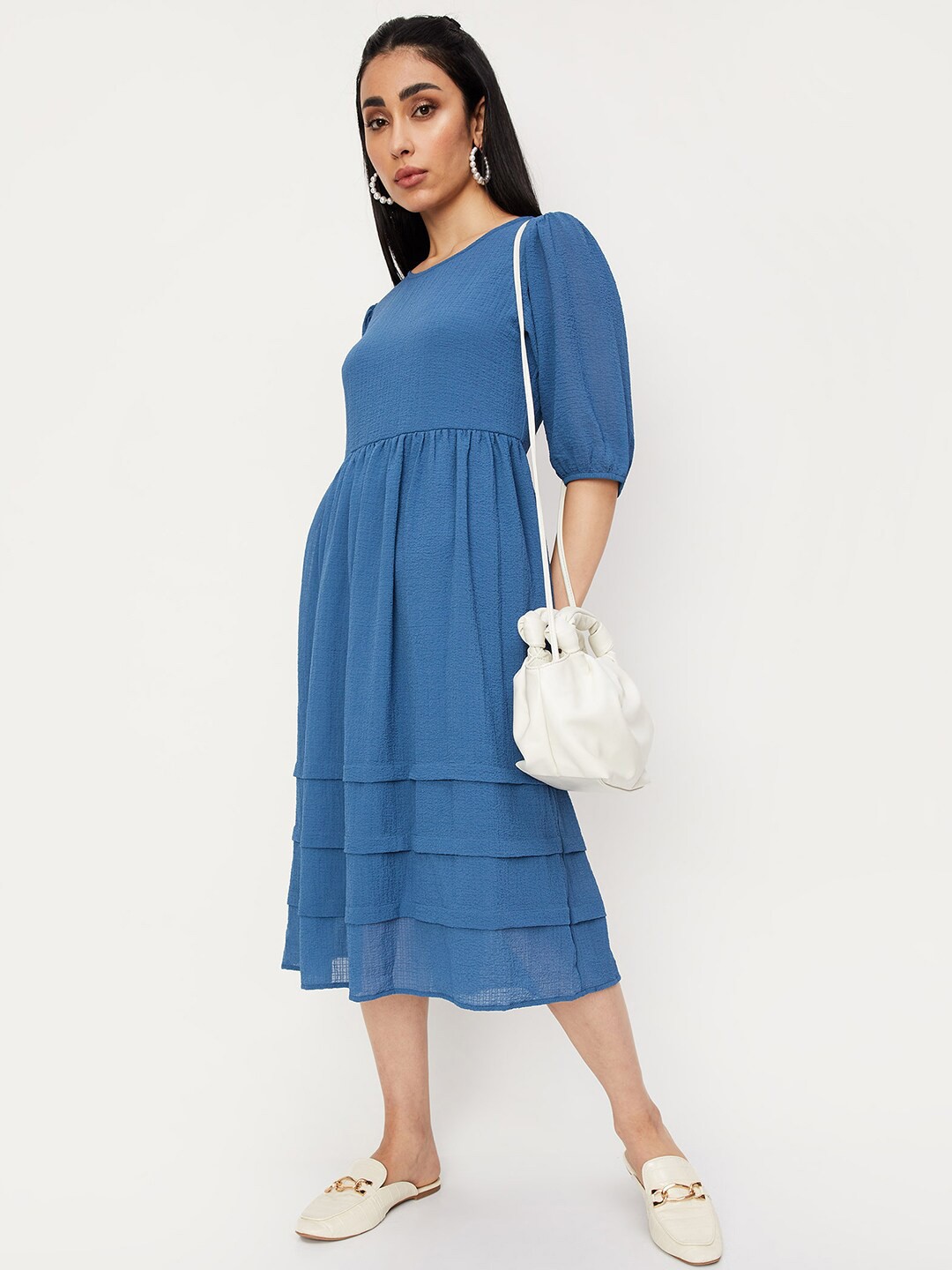 

max Puff Sleeves Fit & Flare Midi Dress, Blue