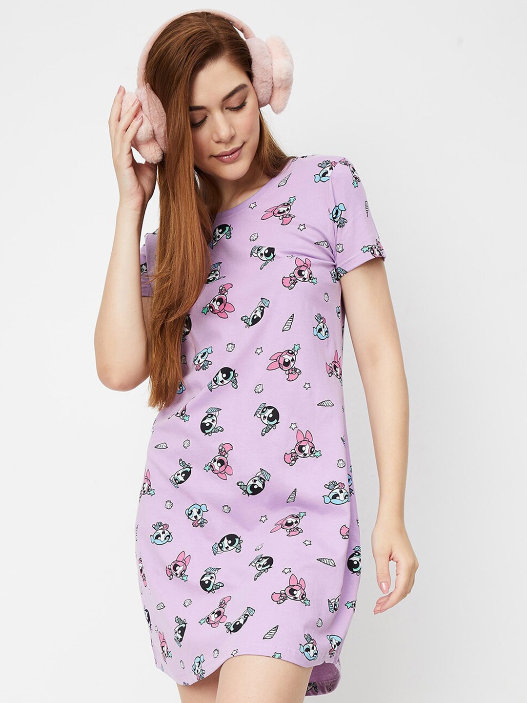 

max Graphic Printed Pure Cotton T-Shirt Nightdress, Purple