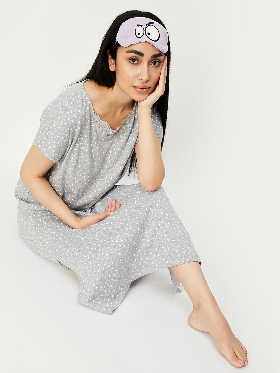 

max Polka Dots Printed T-Shirt Nightdress, Grey