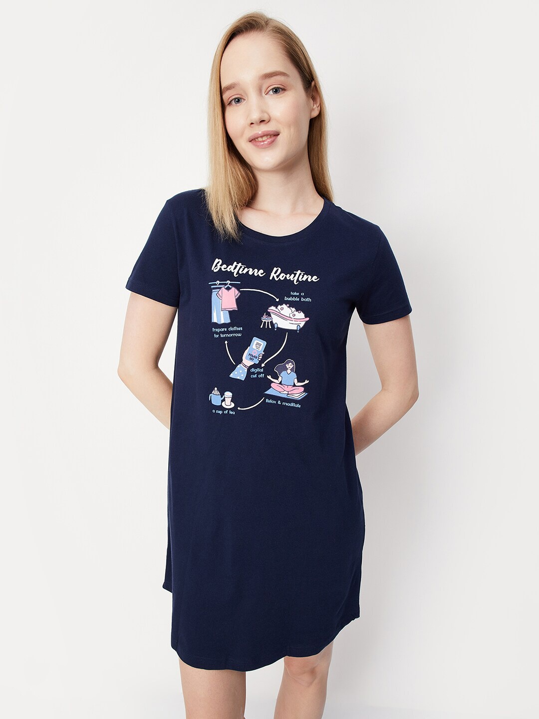 

max Graphic Printed Pure Cotton T-Shirt Nightdress, Blue
