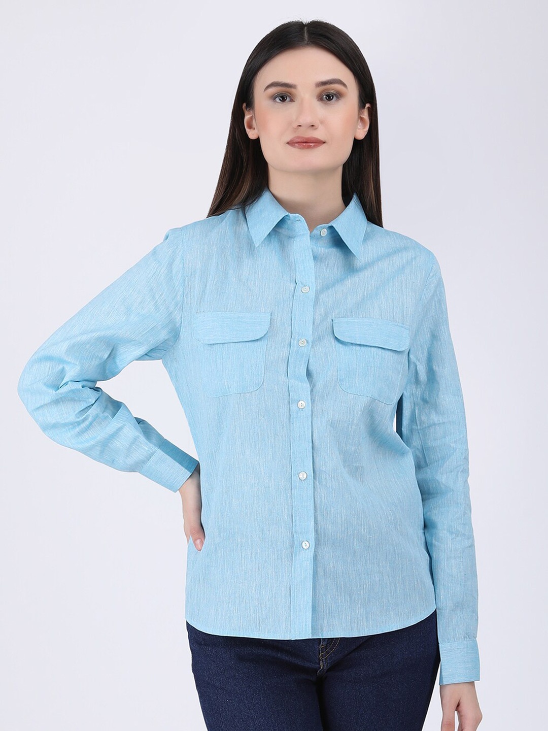

Fibre World Comfort Cotton Slim Fit Pocket Shirt, Blue