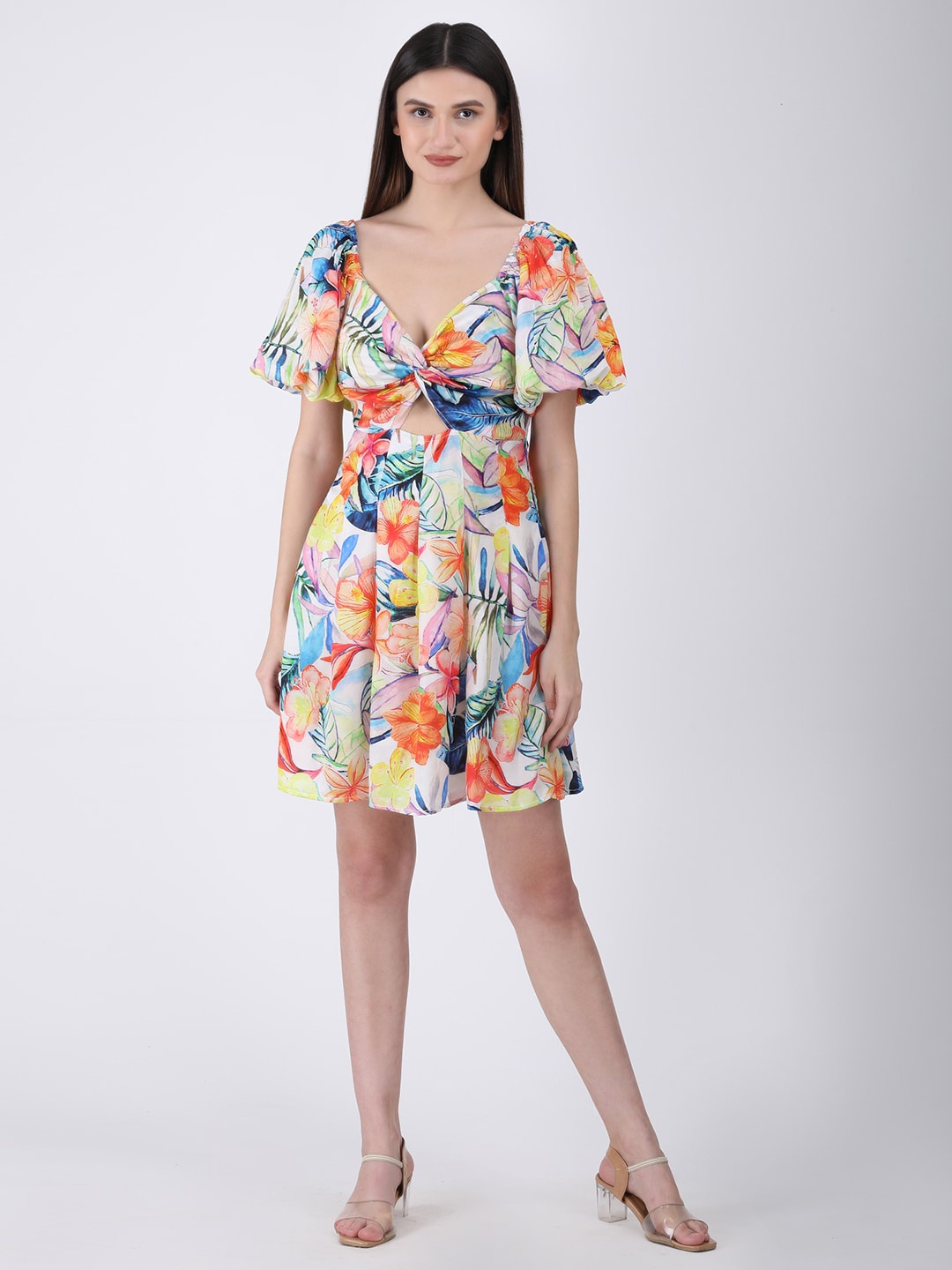 

Fibre World Floral Printed Satin Cut-Out Fit & Flare Dress, White