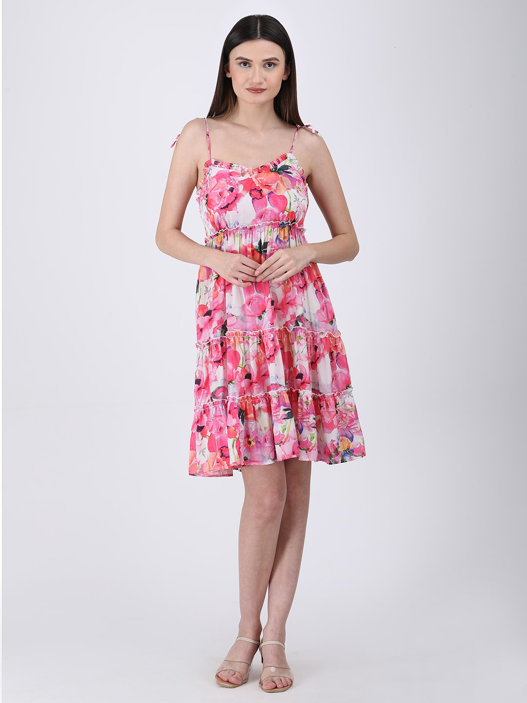 

Fibre World Floral Printed Satin Shoulder Strap Fit & Flare Dress, Pink