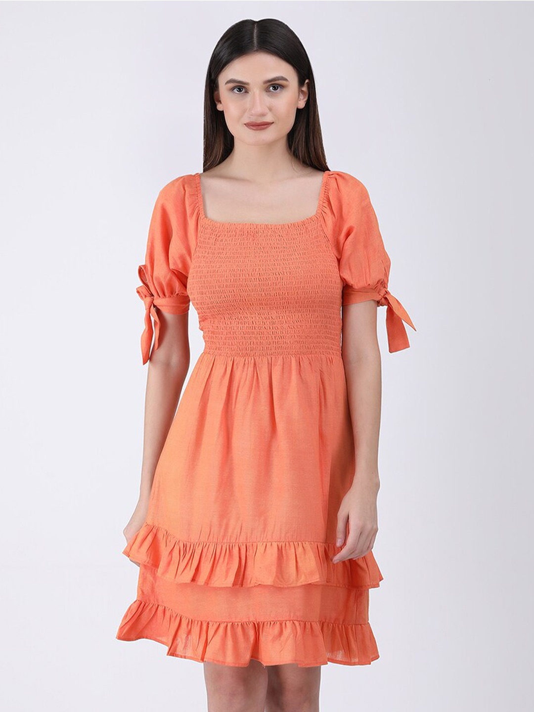 

Fibre World Smocked Puff Sleeve Layered Cotton Fit & Flare Dress, Peach
