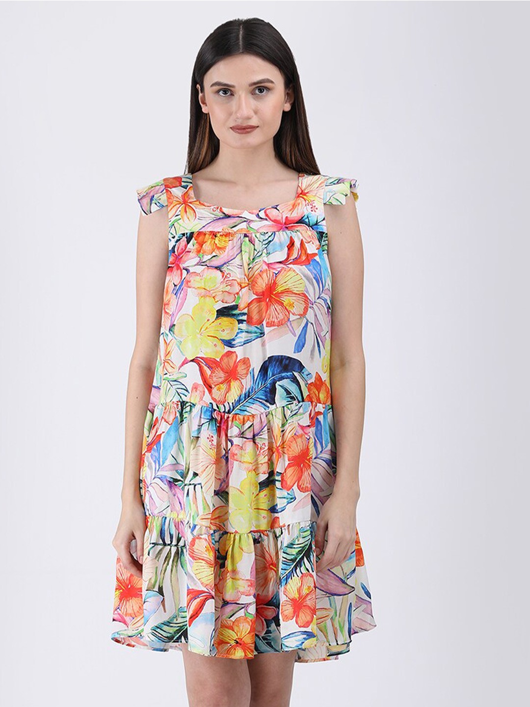 

Fibre World Floral Print Satin Tiered Fit & Flare Dress, White