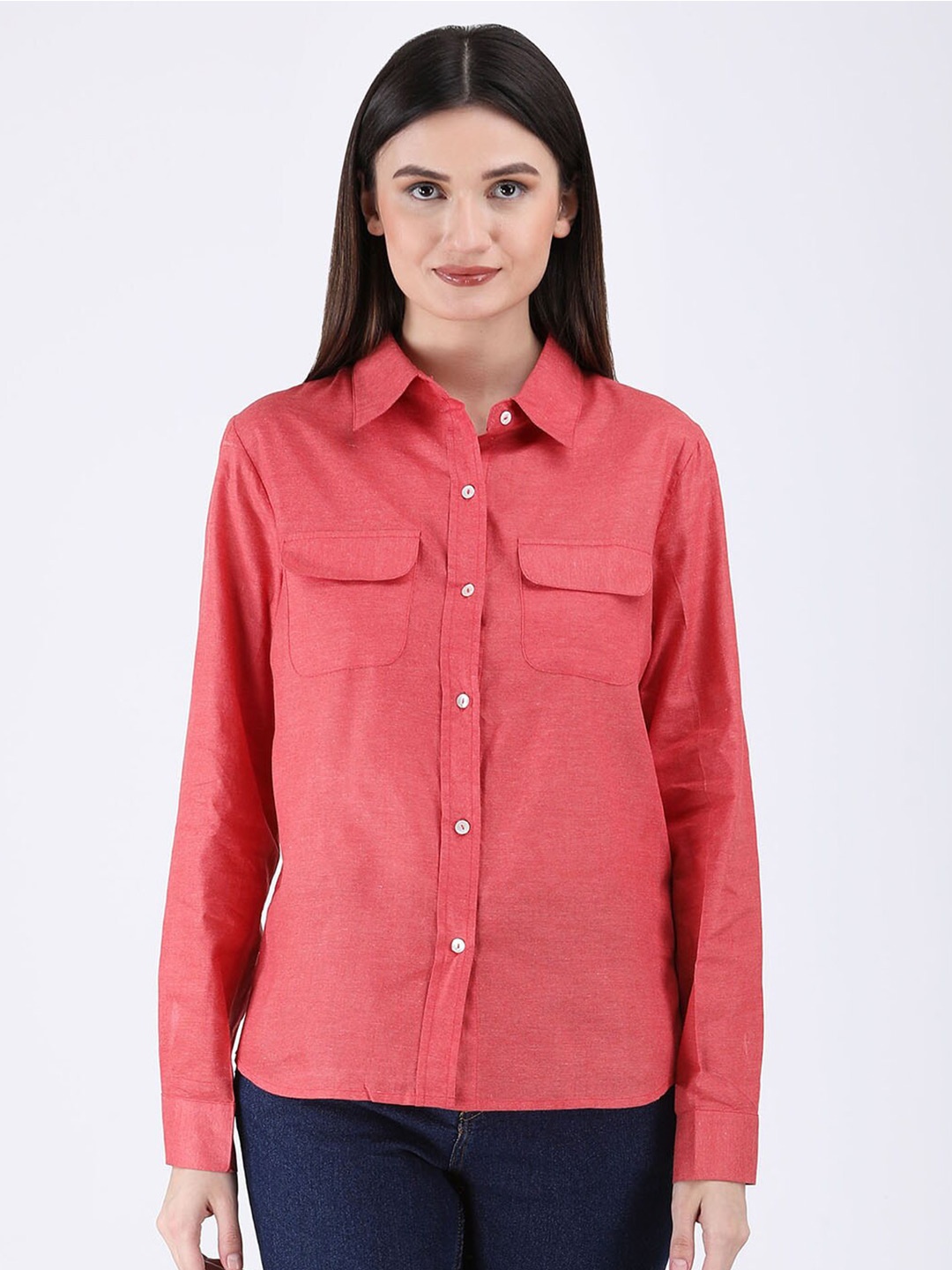 

Fibre World Spread Collar Long Sleeves Casual Cotton Shirt, Pink