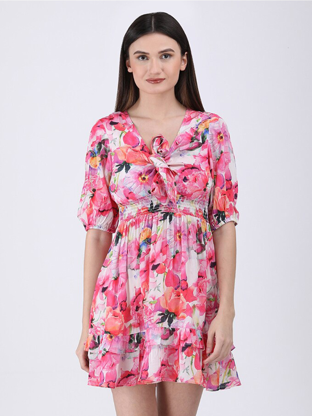 

Fibre World Floral Printed Smocked Satin Fit & Flare Dress, Pink