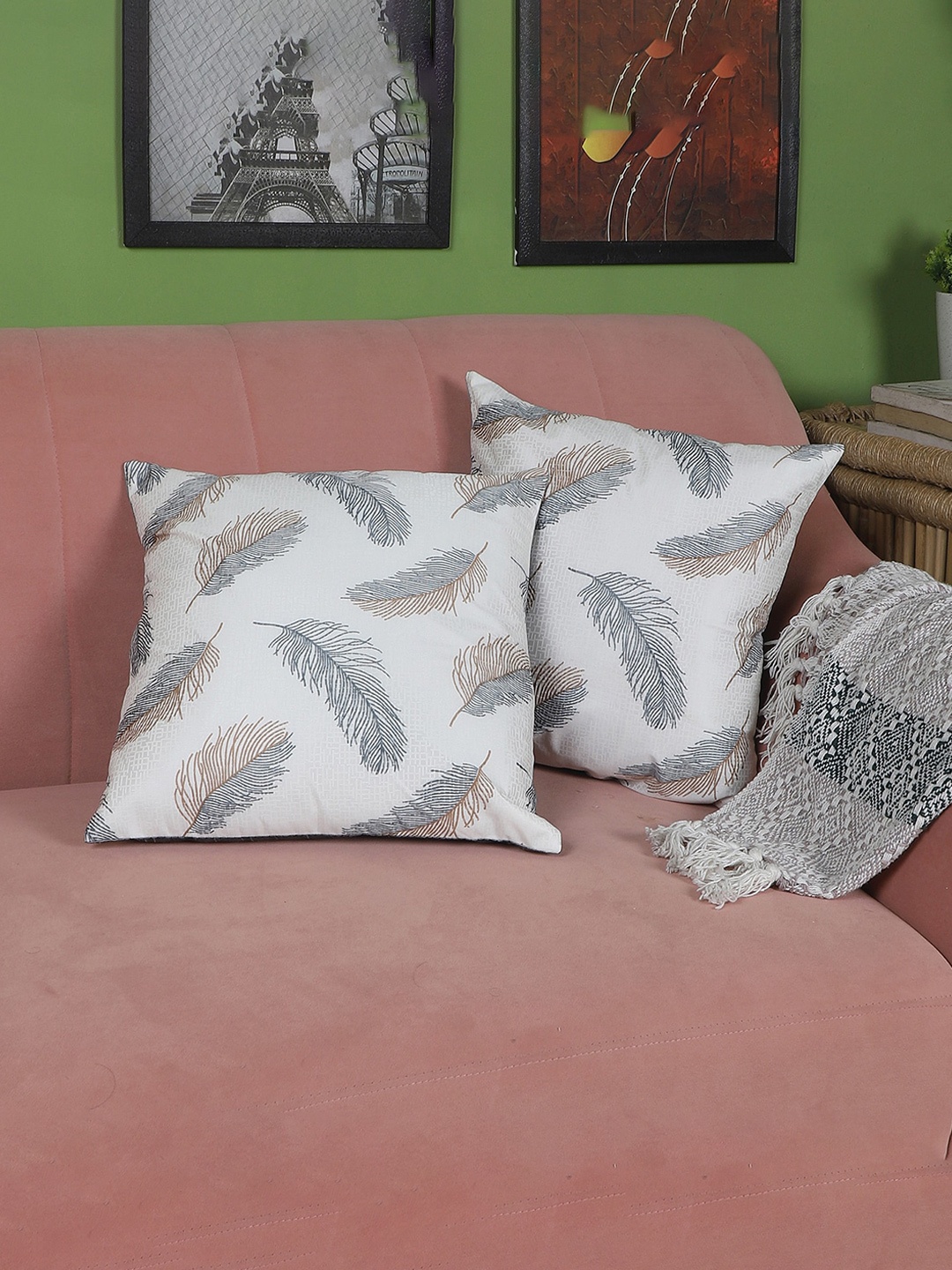 

MFD HOME FURNISHING White & Grey 2 Pieces Floral Square Cushion Covers