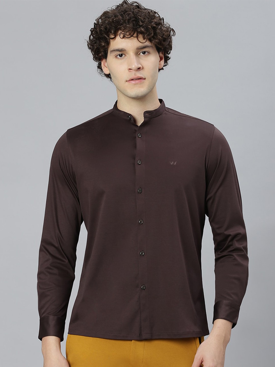 

Slowave Comfort Band Collar Regular Fit Cotton Casual Shirt, Brown