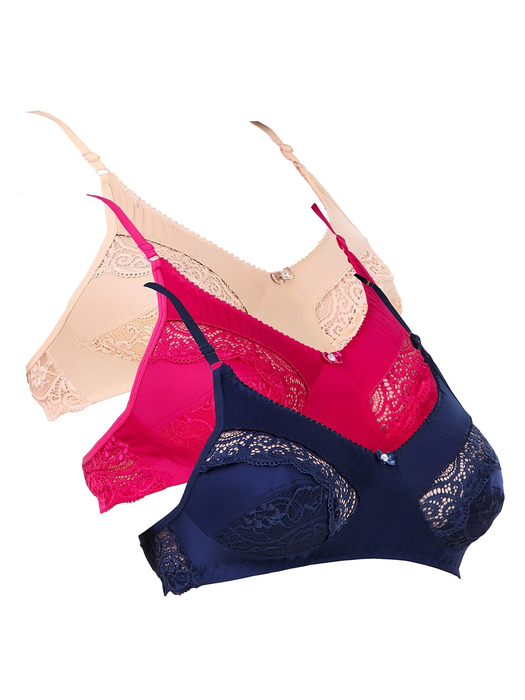 

Piylu Pack Of 3 Non Padded Full Coverage Lace Cotton Everyday Bra All Day Comfort, Navy blue