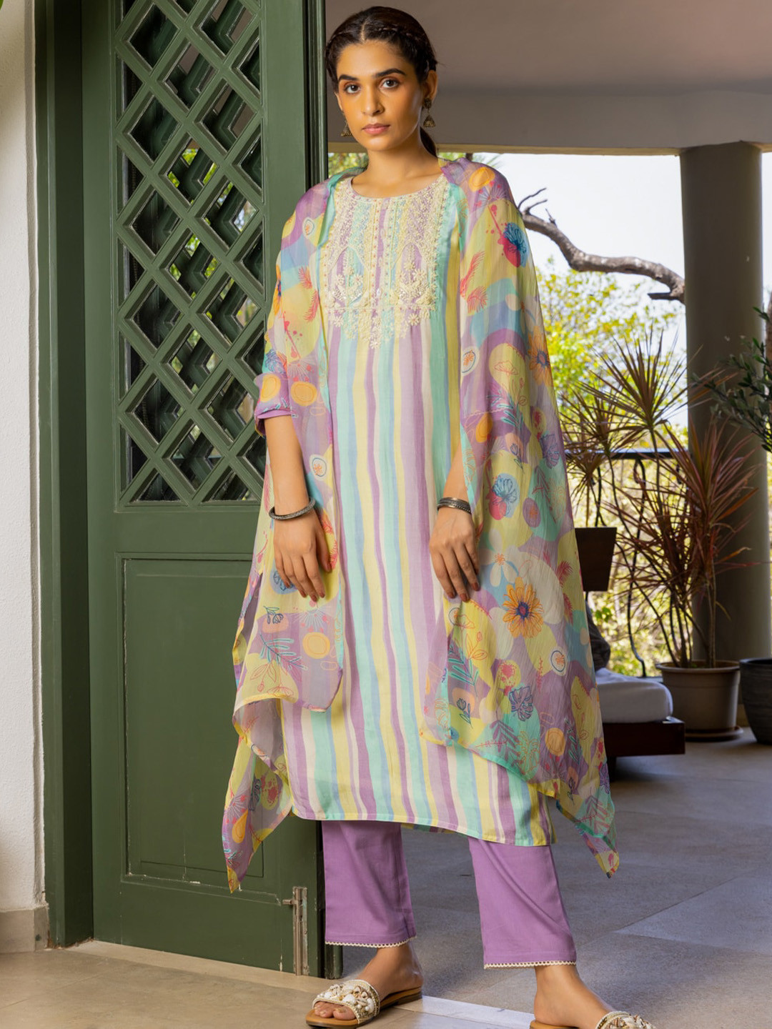 

Ishin Women Striped Thread Work Pure Cotton Straight Kurta with Palazzos & With Dupatta, Purple