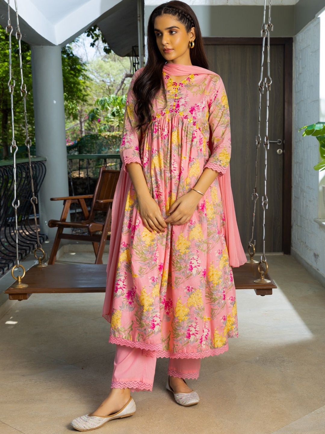 

Ishin Floral Printed Mirror Work Empire A-Line Kurta & Palazzos With Dupatta, Pink