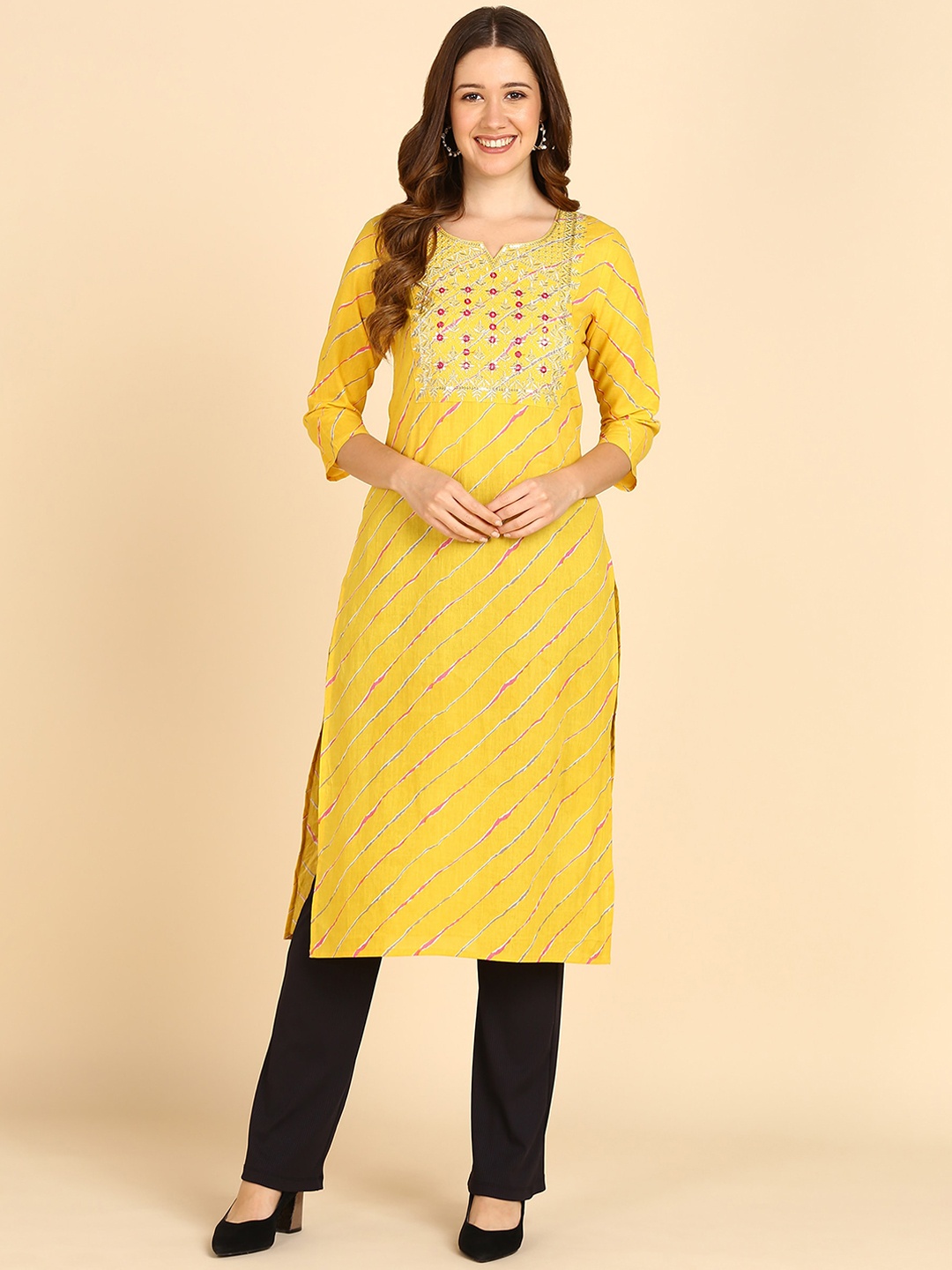

Maaesa Leheriya Printed Embroidered Yoke Design Cotton Straight Kurta, Yellow