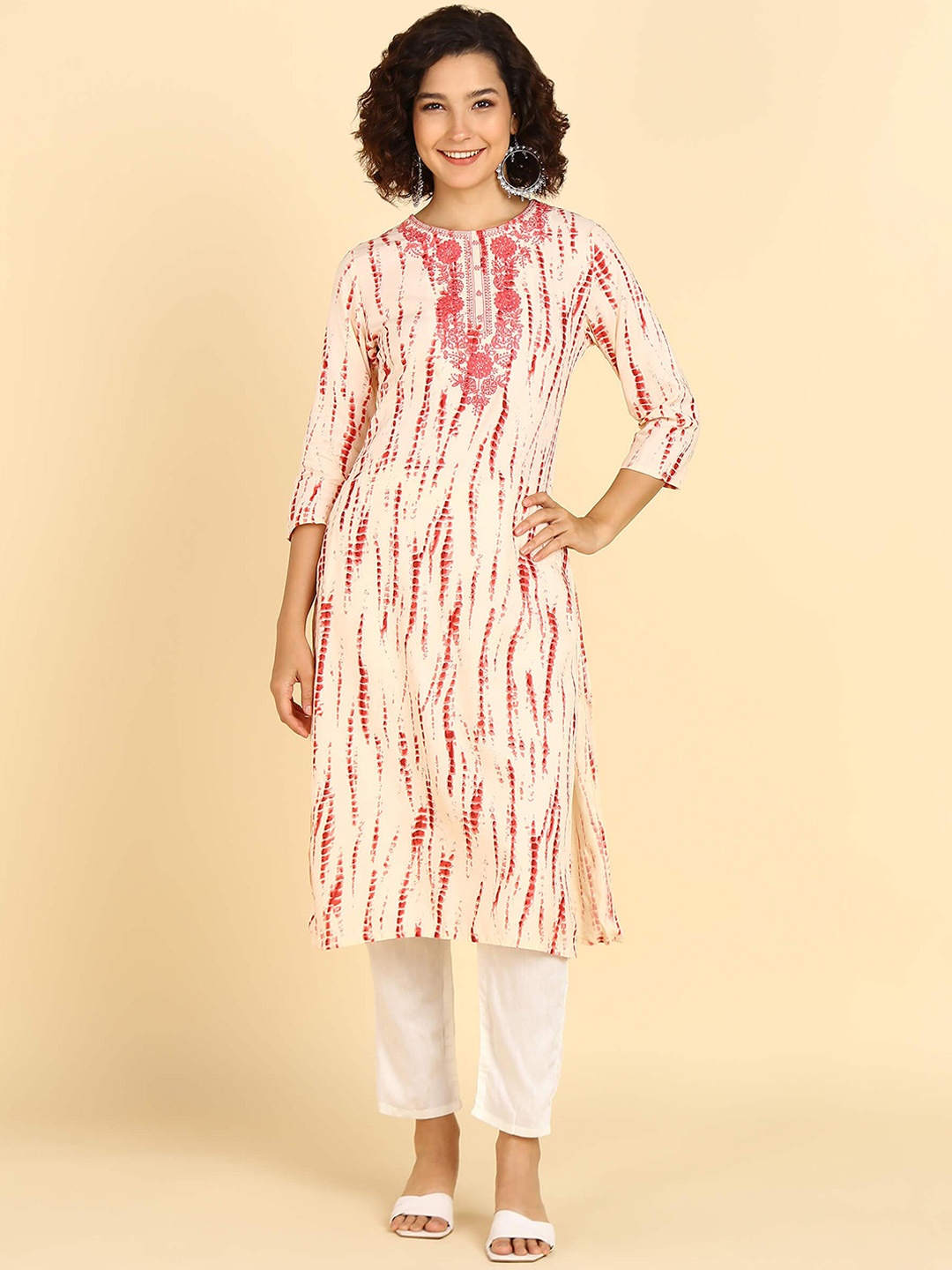 

Maaesa Tie-Dye Printed Embroidered Round Neck Straight Kurta, White