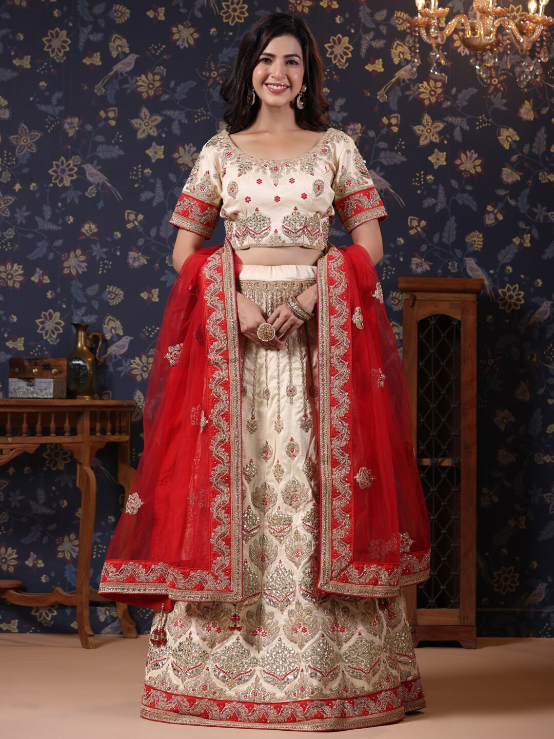 

House of Pataudi Women Embroidered Semi Stitched Lehenga Choli & Dupatta, Beige