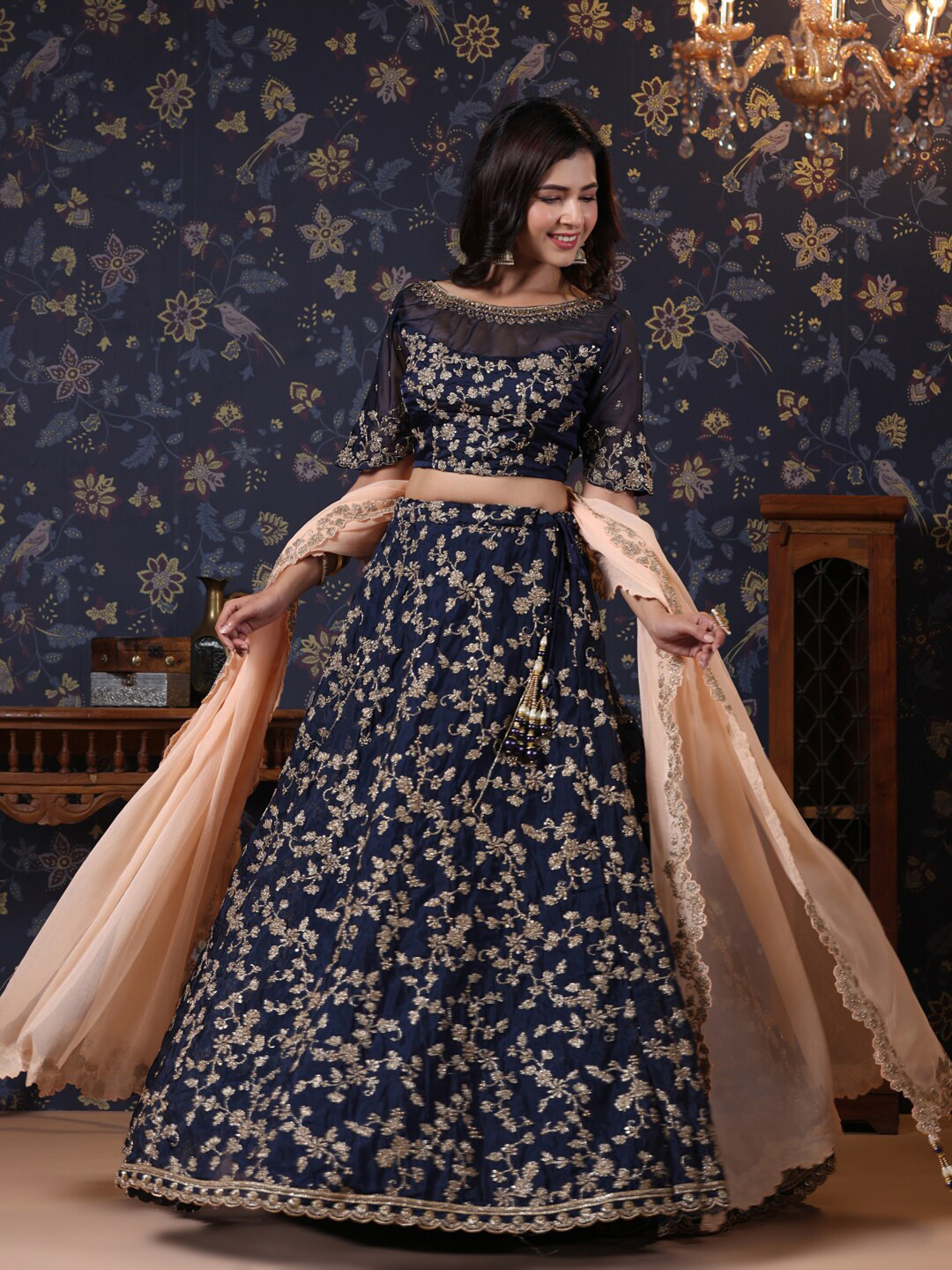 

House of Pataudi Women Embroidered Semi-Stitched Lehenga Choli & Dupatta, Navy blue
