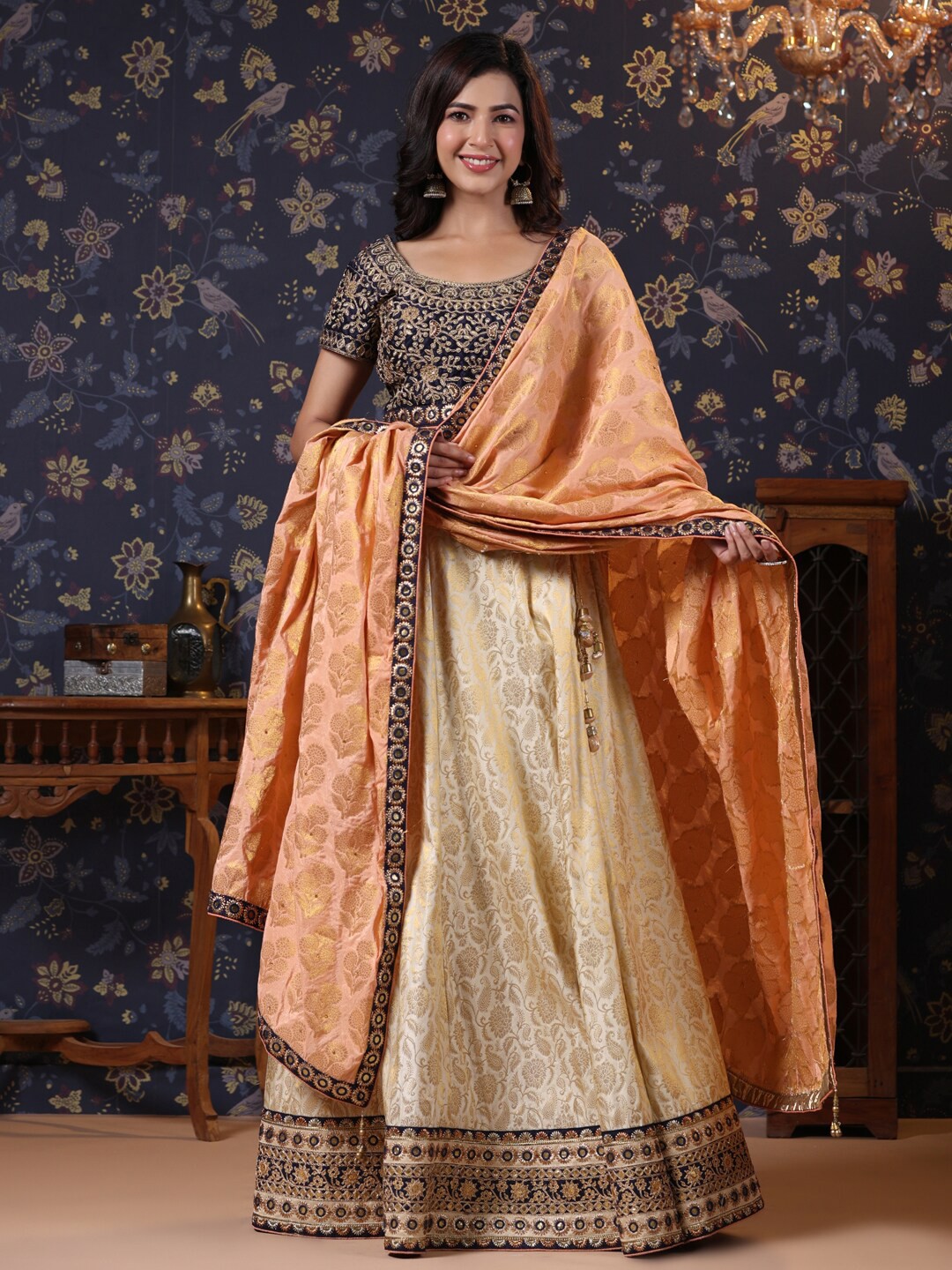 

House of Pataudi Women Embroidered Semi-Stitched Lehenga Choli & Dupatta, Cream
