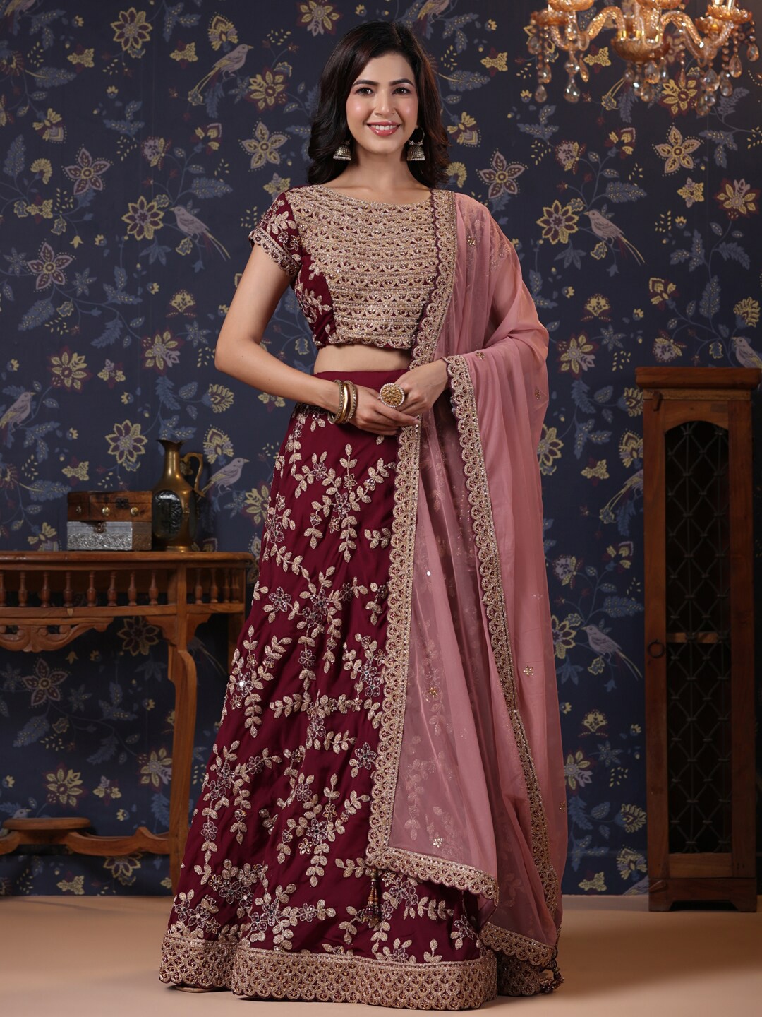 

House of Pataudi Embroidered Bead Work Lehenga Choli & Dupatta, Maroon