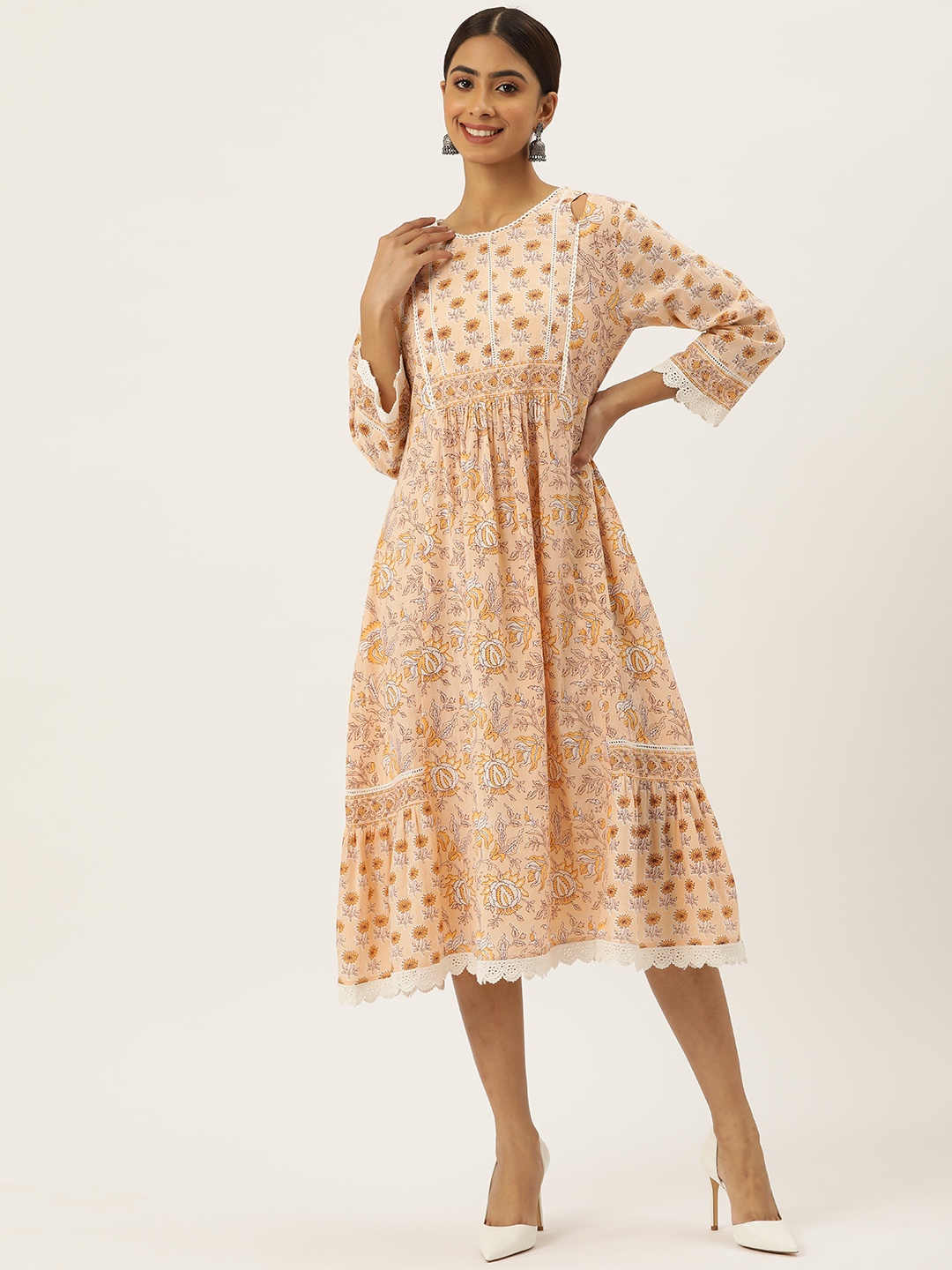 

MISRI Floral Print Laced A-Line Midi Ethnic Dress, Peach