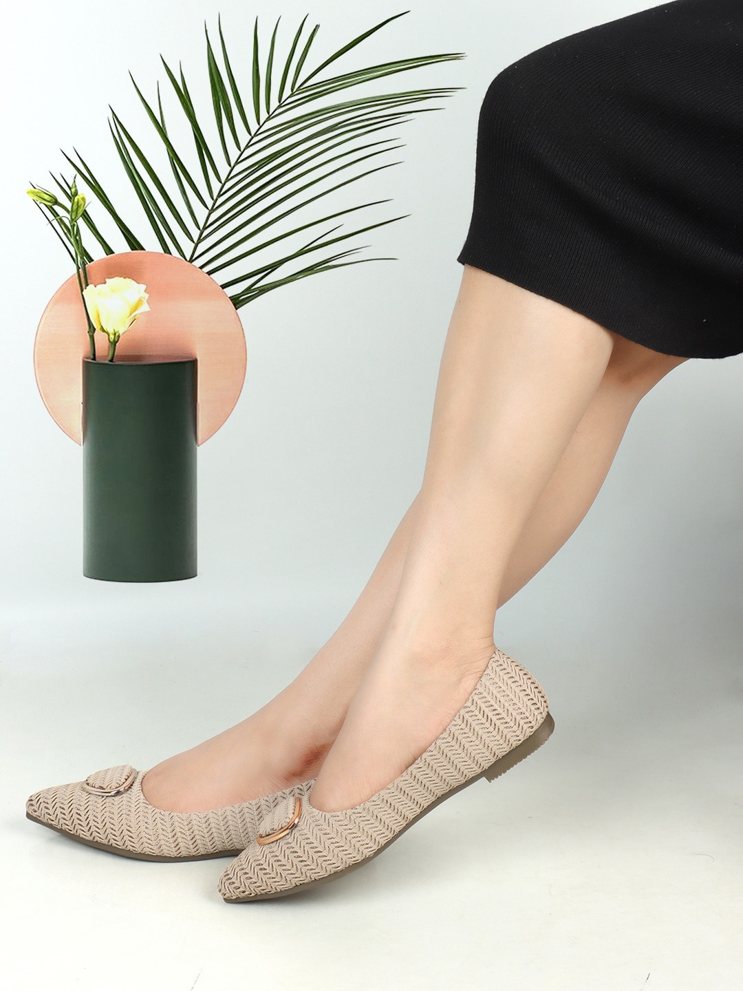 

ICONICS Embellished Pointed Toe Ballerinas, Cream
