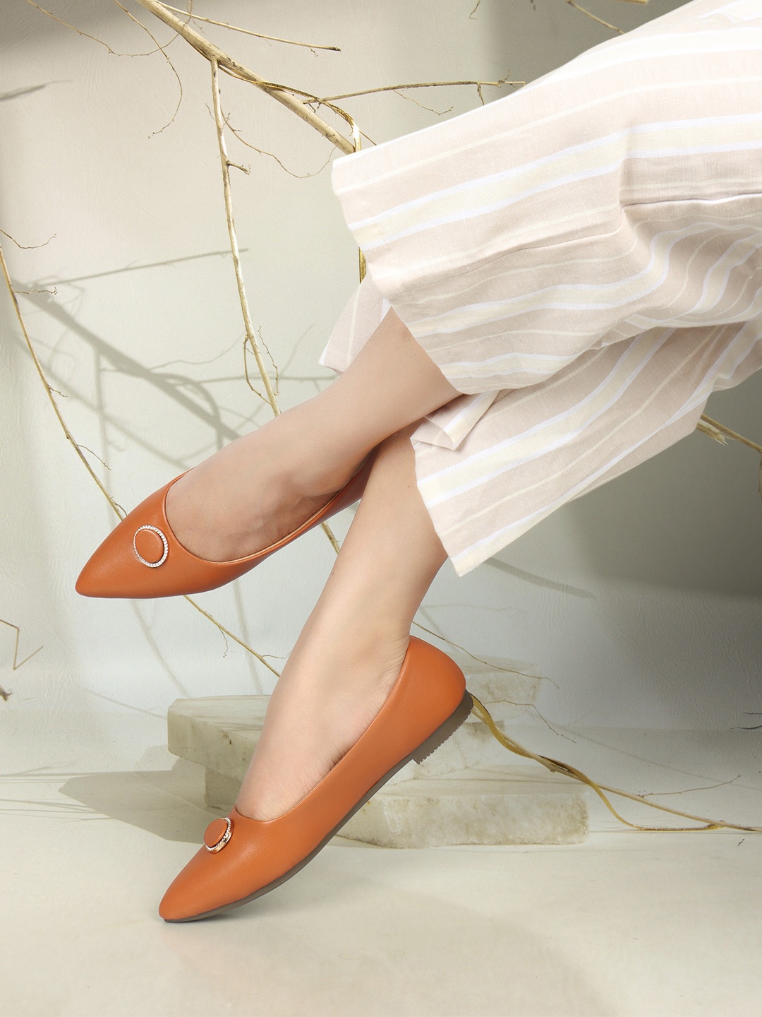 

ICONICS Embellished Pointed Toe Ballerinas, Tan