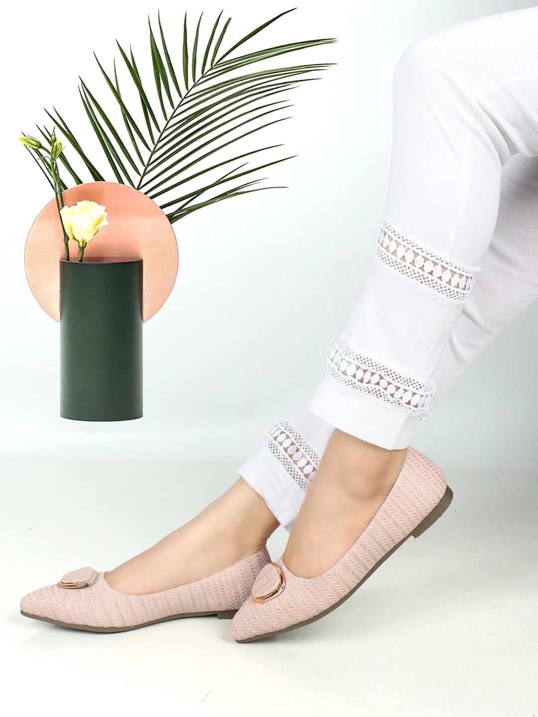 

ICONICS Embellished Pointed Toe Ballerinas, Peach