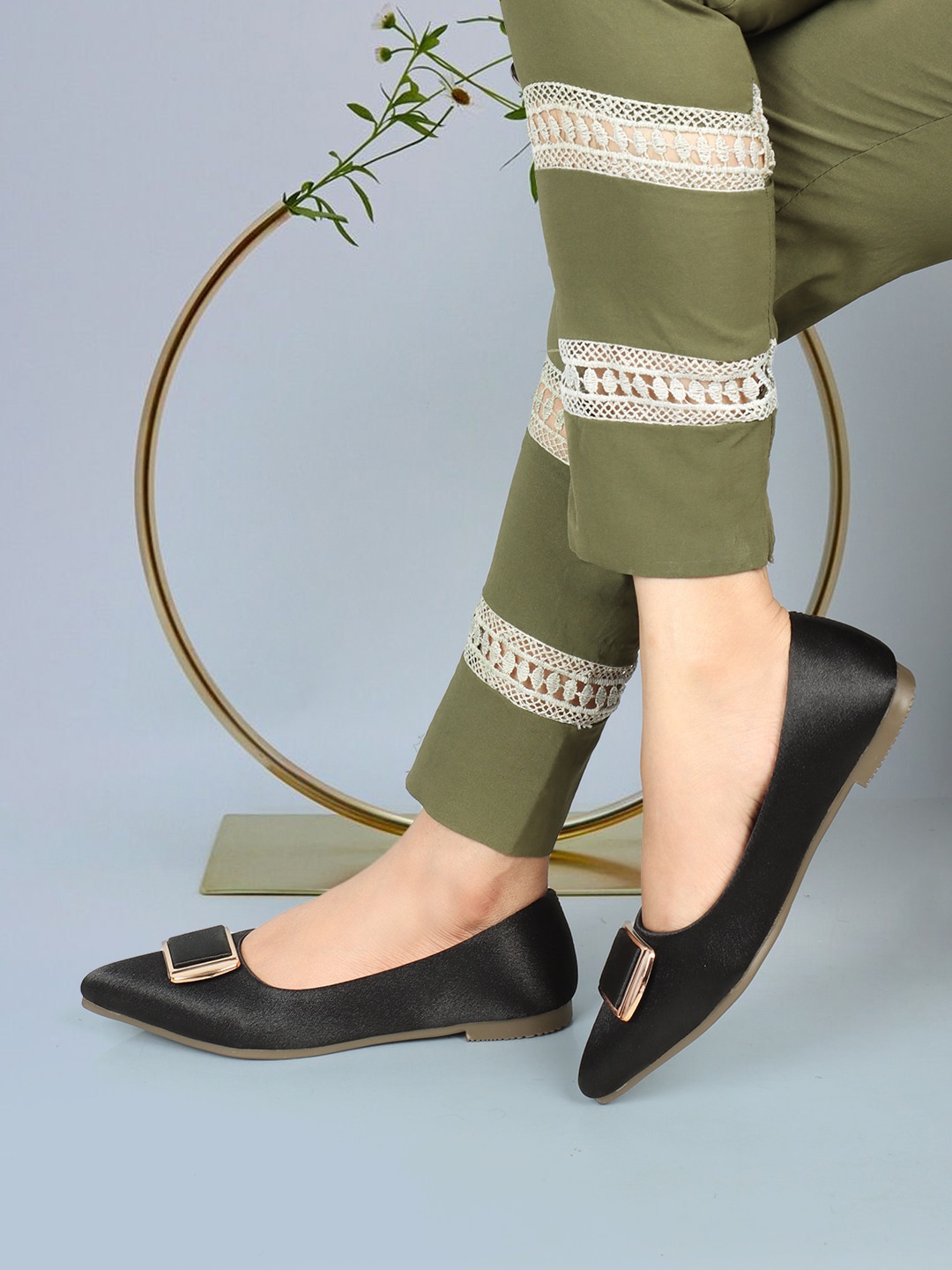 

ICONICS Embellished Pointed Toe Ballerinas, Black