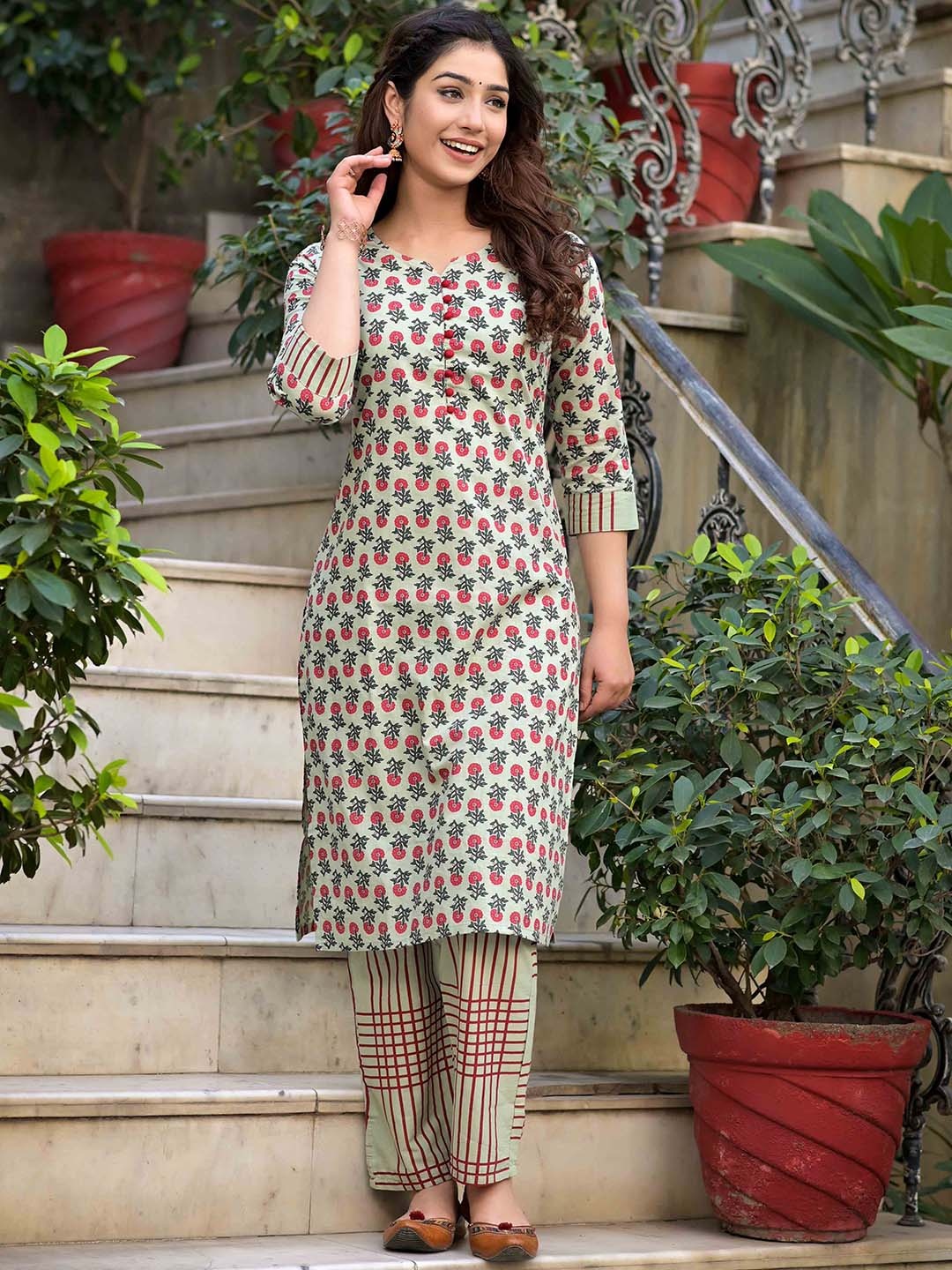 

JAIPUR FASHION MODE Ethnic Printed Pure Cotton Straight Kurta with Trousers, Green