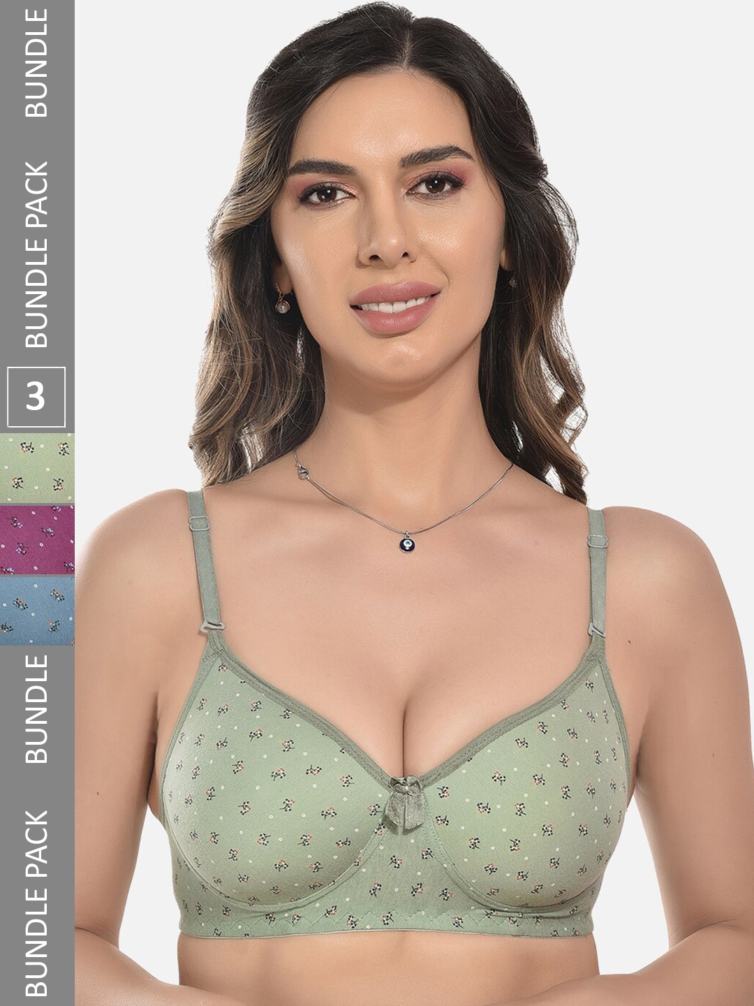 

StyFun Pack of 3 Floral Printed Bra Full Coverage Lightly Padded, Green