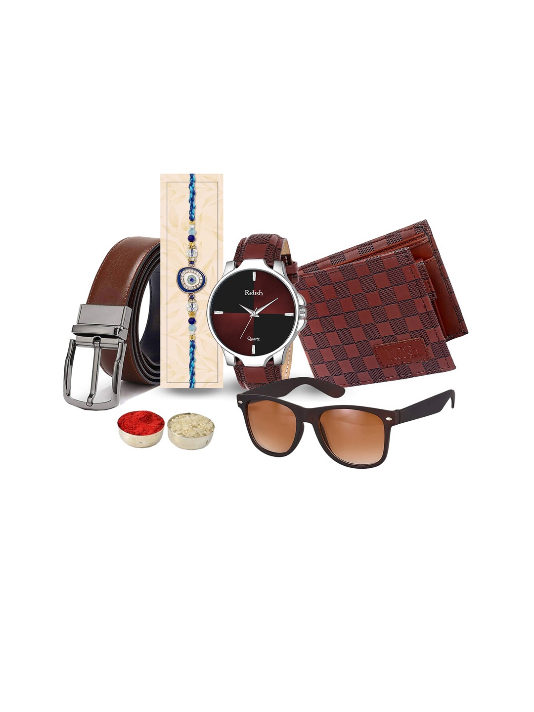 

Relish Evil-Eye Charm Rakhi With Watch & Wallet & Sunglass & Belt with Hamper Gift box, Brown