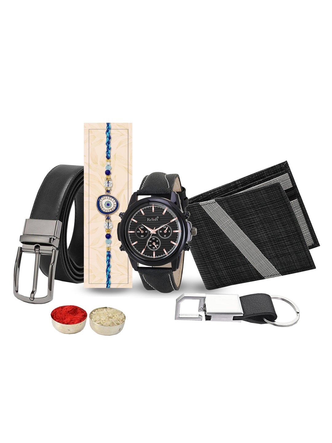 

Relish Men Watch Wallet Keychain Belt & Hamper Rakhi Gift Set, Black