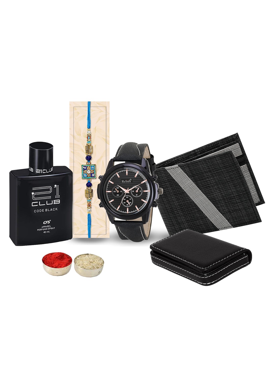 

Relish Stone-Studded Rakhi Hamper Gift Box With Watch Wallet Cardholder & Perfume, Black