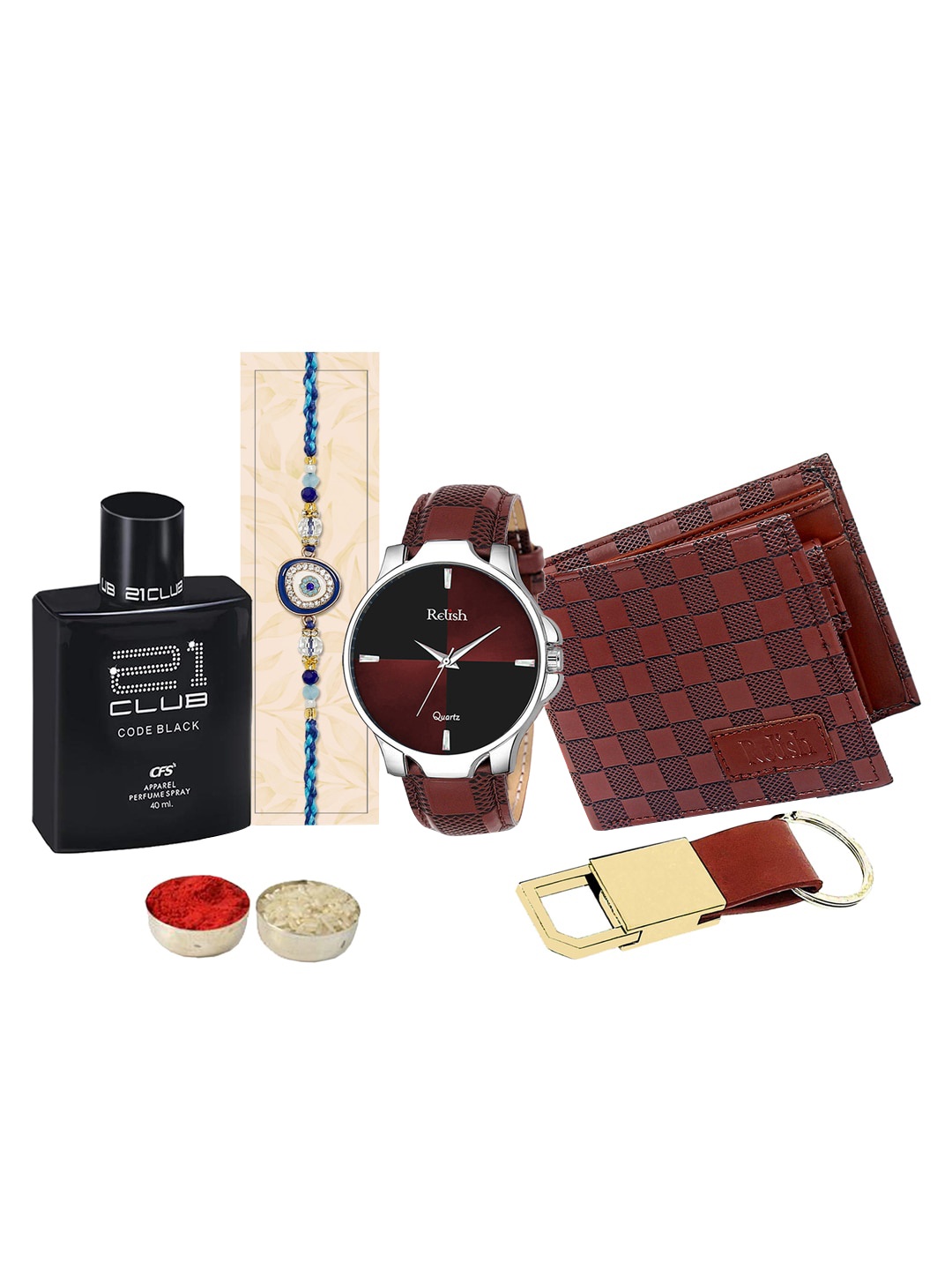 

Relish Rakhi With Watch and Wallet, Keychain, Perfume Combo Gift Set, Brown