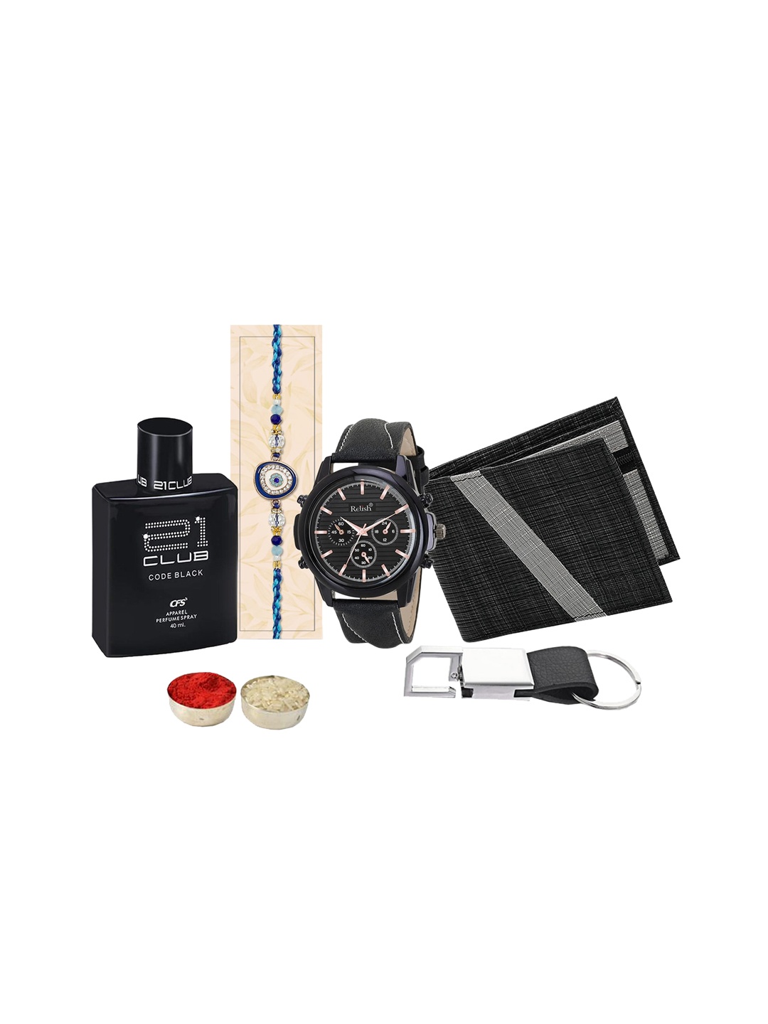 

Relish Men Rakhi Set With Watch & Wallet Keychain Perfume with Hamper Gift box, Black