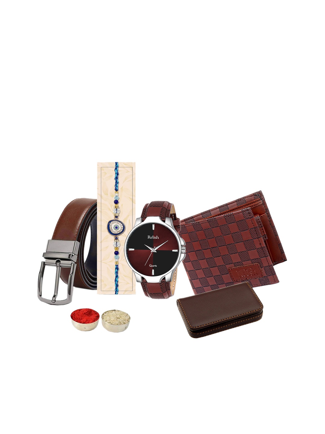 

Relish Rakhi With Watch and Wallet, Cardholder, Belt Combo Gift Set, Brown