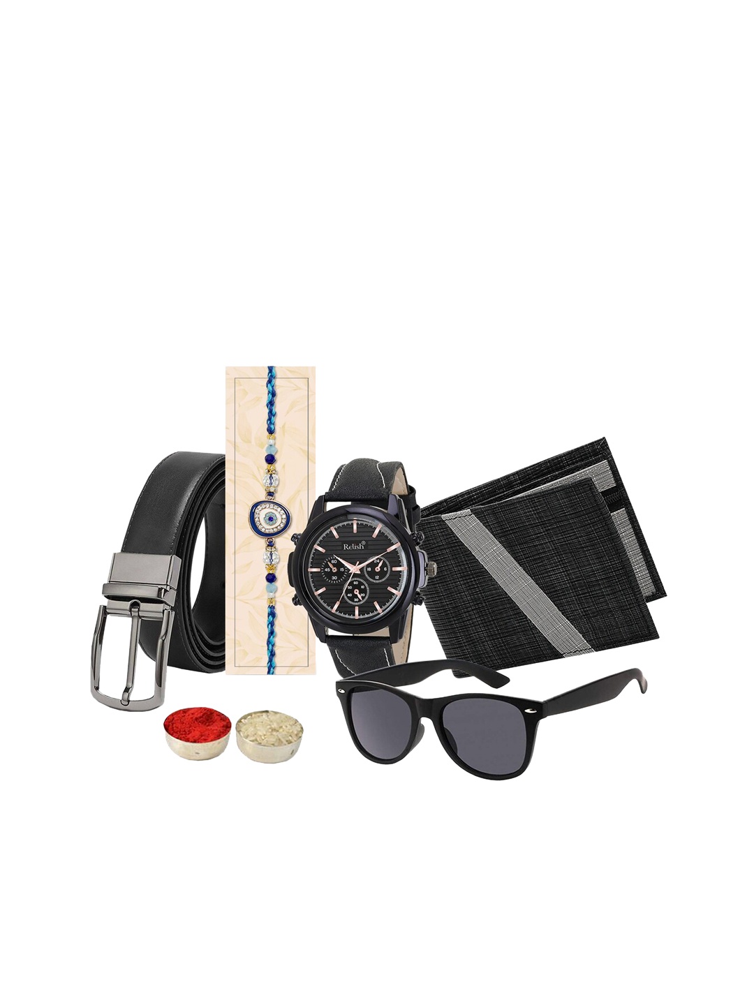 

Relish Men Watch Wallet Sunglass Belt & Hamper Rakhi Gift Set, Black