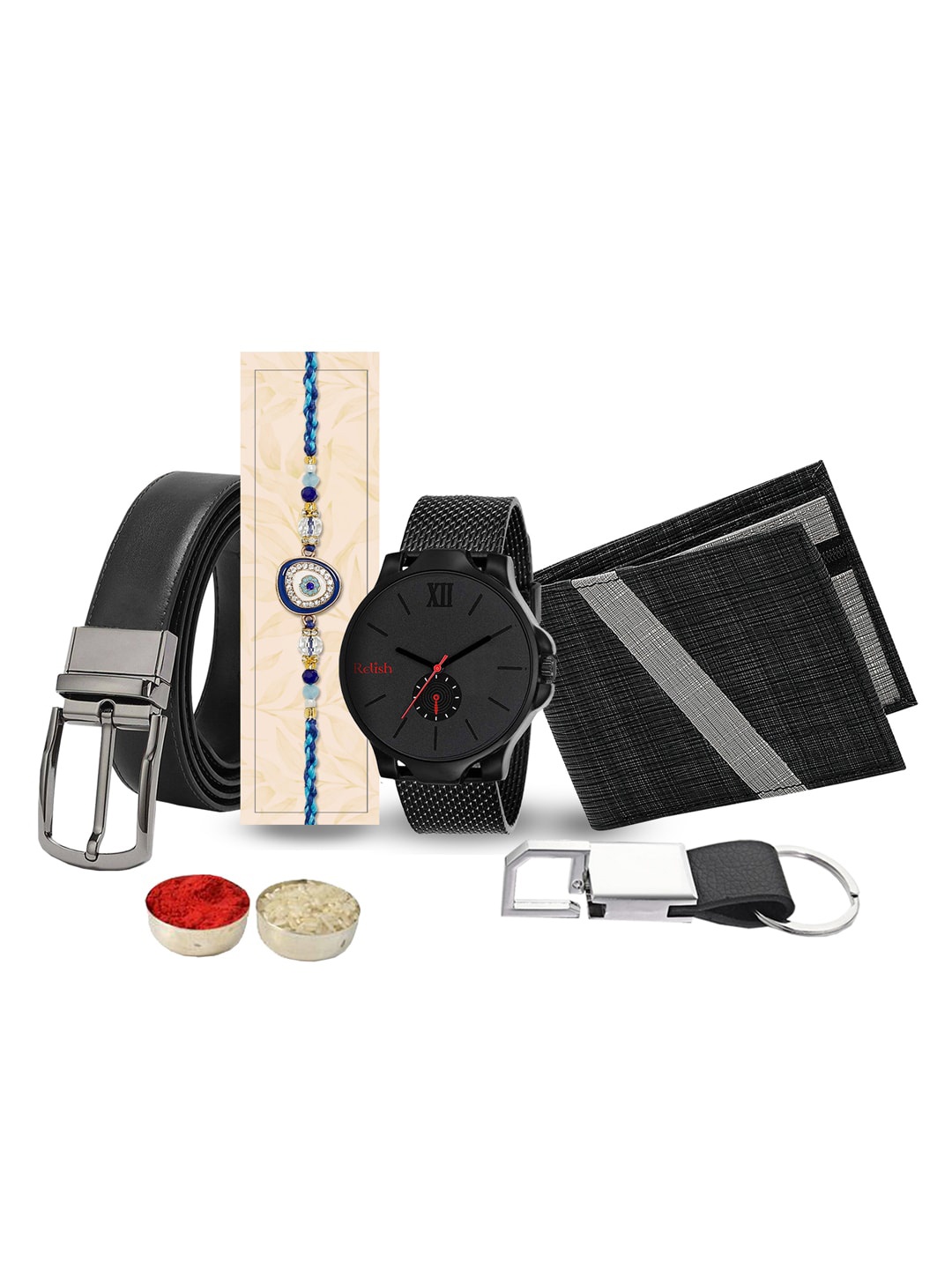 

Relish Stone-Studded Rakhi Gift Set With Watch Wallet & Belt, Black